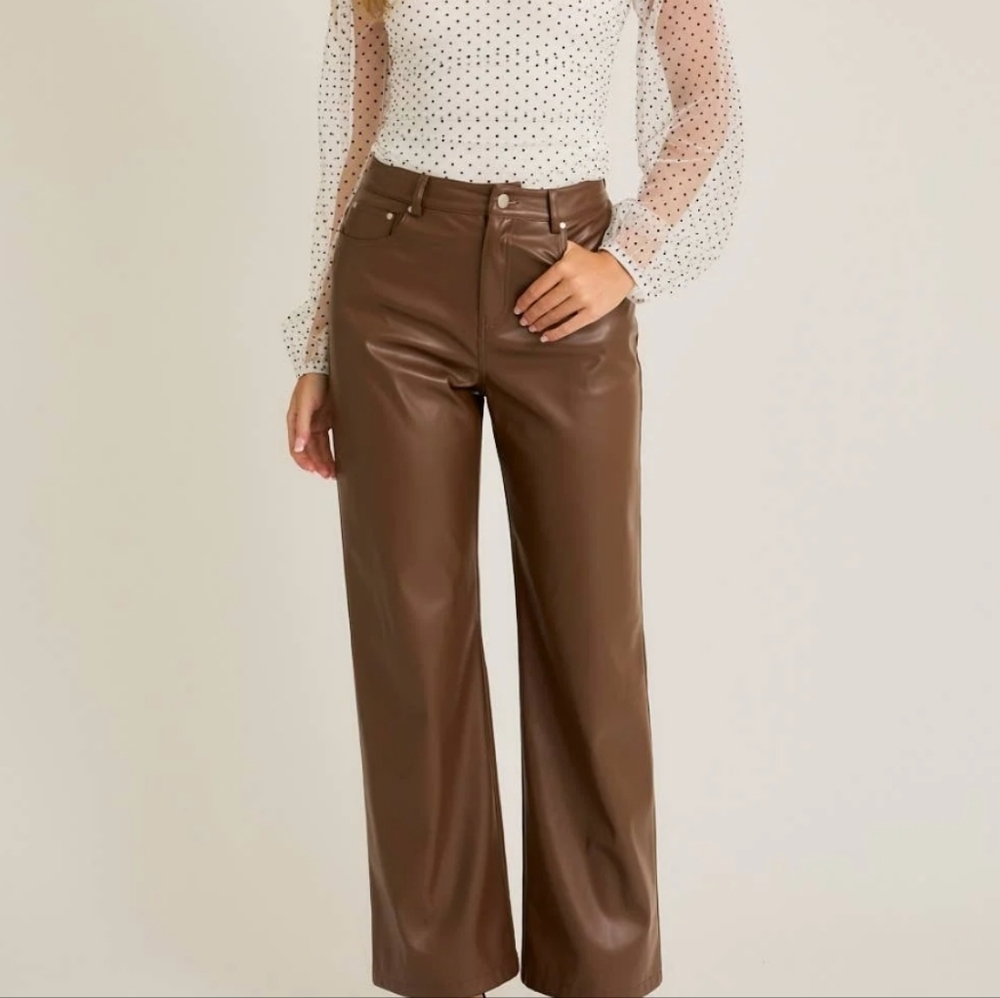 NWT LELIS  High Waist Faux Leather Long Pants: Brown M